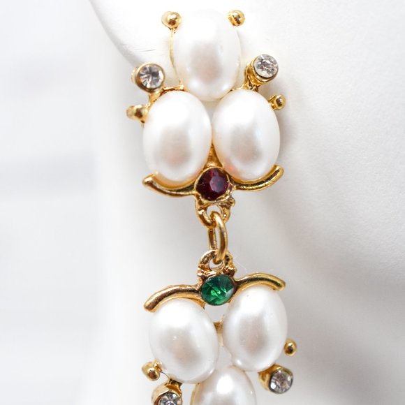 1.75" Drop Dangle Pearl Red/Green Earrings - Picture 2 of 12